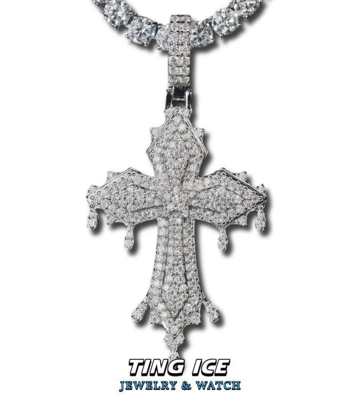 Mặt dây chuyền Cross nước chảy Bạc S925 Full Moissanite