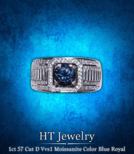 Ring Man Silver s925 1ct 57 Cut D Vvs1 Moissanite Color Blu Royal